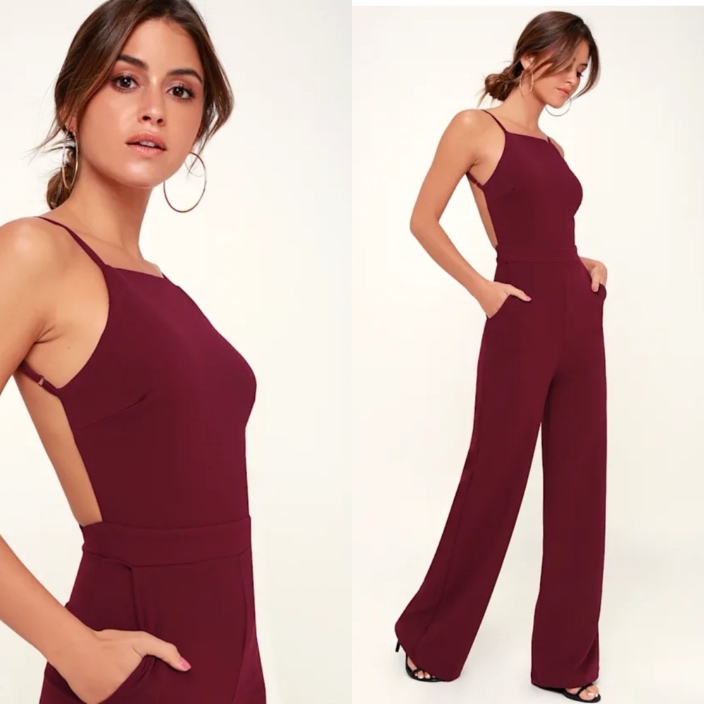 LULU’S Something To Behold Burgundy Jumpsuit Open Back Woman’s Size Medium NWT - Picture 2 of 15